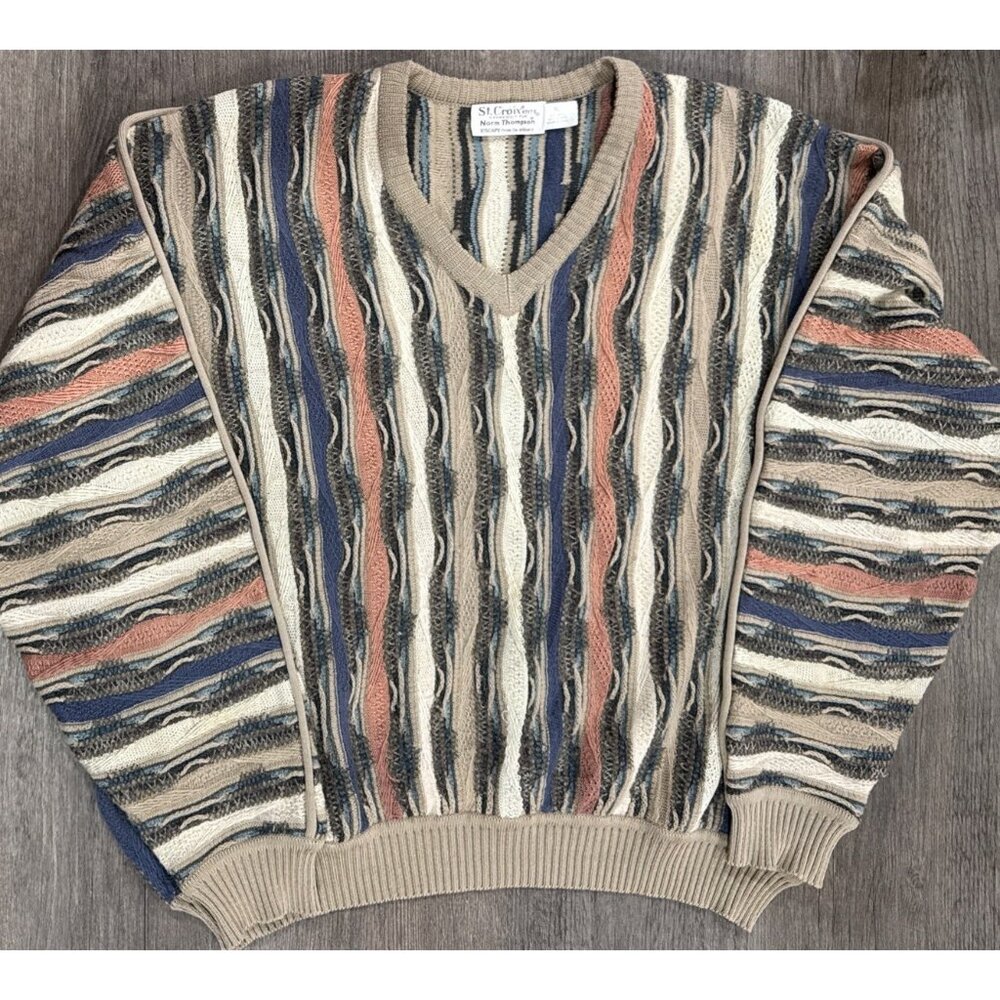 Vintage St Croix Sweater Norm Thompson Knit Coogi Style Sz XL Geometric 3D